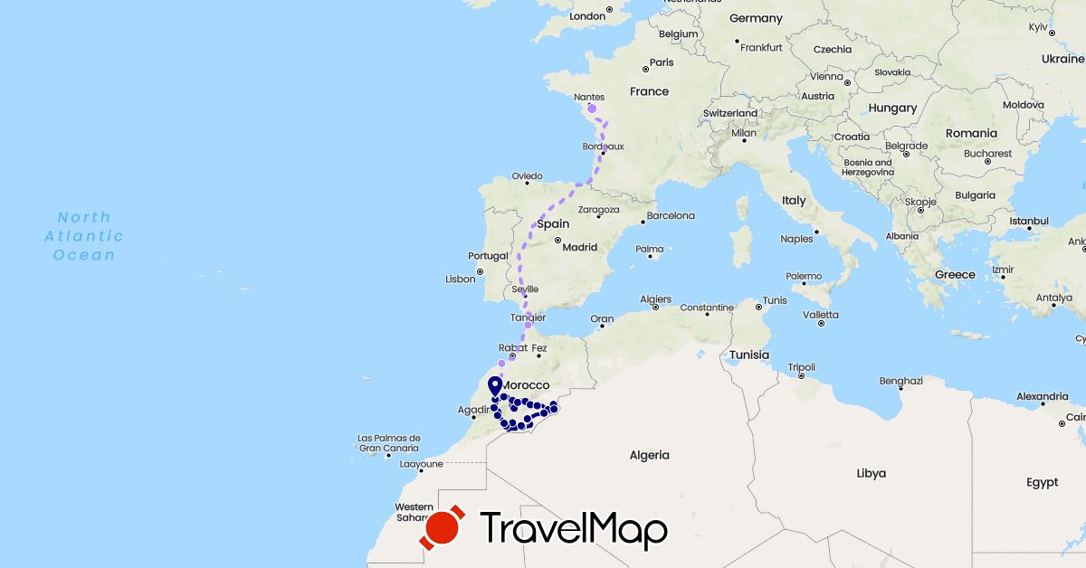 TravelMap itinerary: driving, 4x4 in France, Morocco (Africa, Europe)