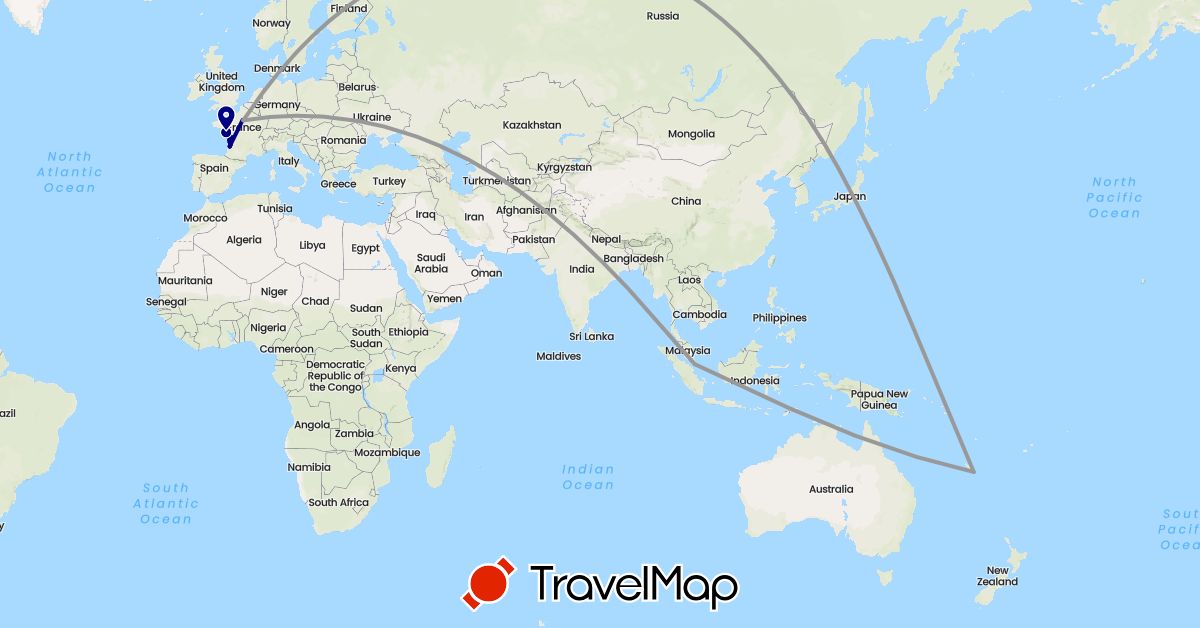 TravelMap itinerary: driving, plane in France, Japan, Singapore (Asia, Europe)