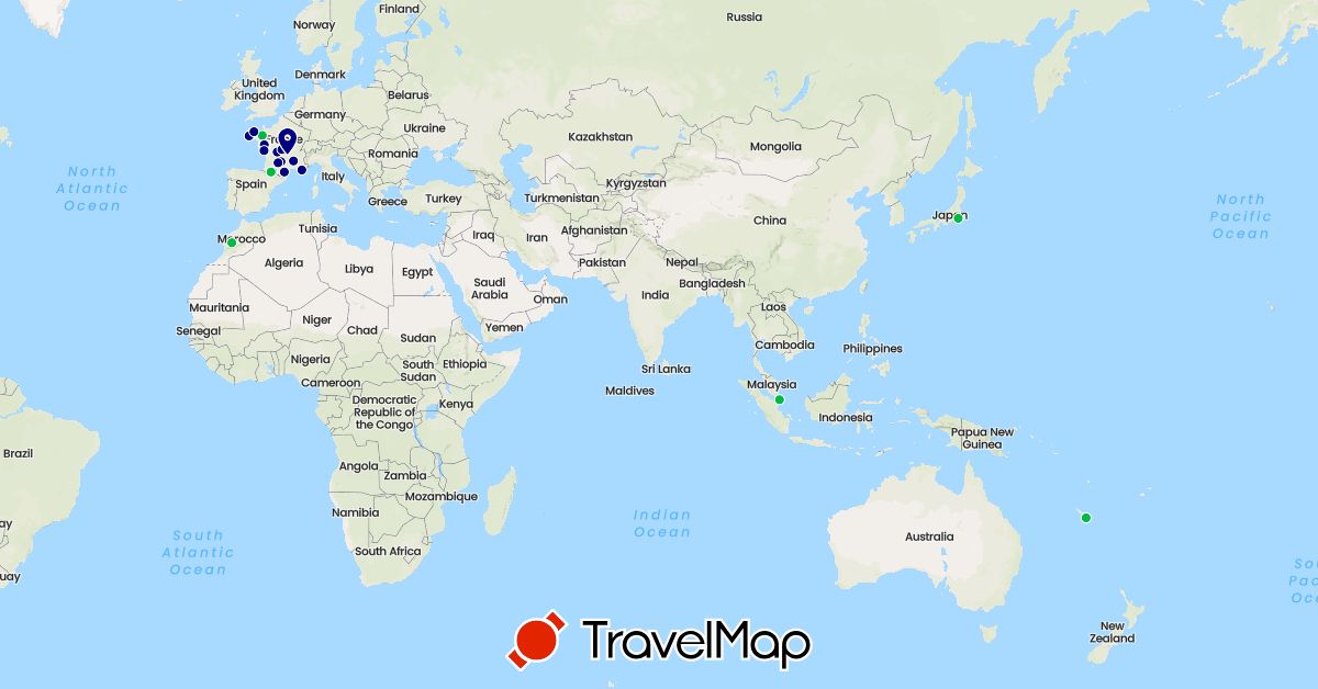 TravelMap itinerary: driving, bus, cycling, hiking, electric vehicle, 4x4, 2024 in France, Japan, Morocco, Singapore (Africa, Asia, Europe)